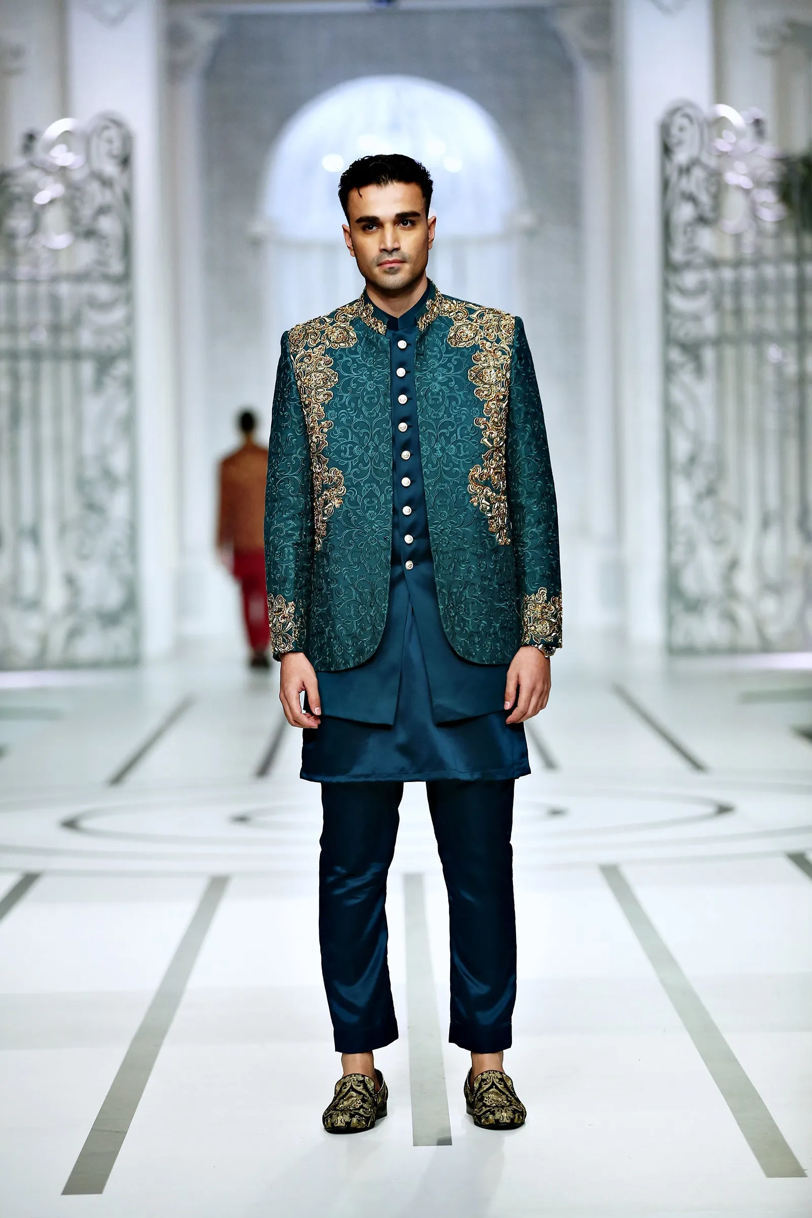 BCW PC 48 Teal Green Prince Coat With Kora Daka Work With inner Waist Coat Add Kurta