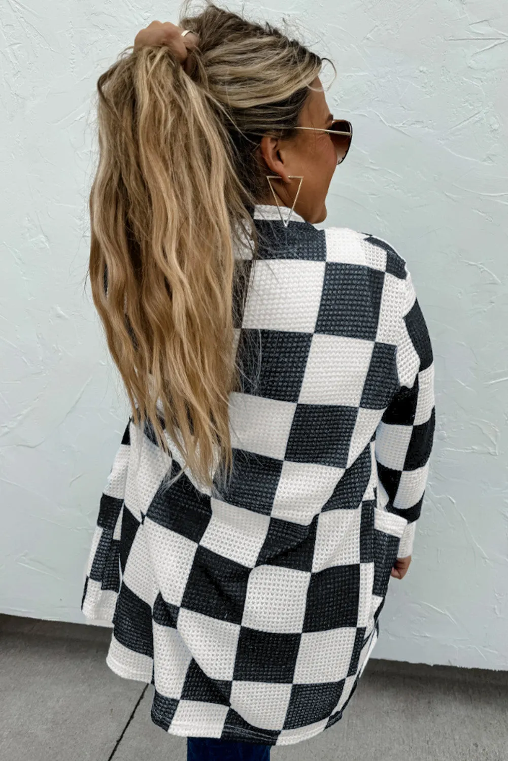 Black Checkered Waffle Knit Thumbhole Open Front Cardigan