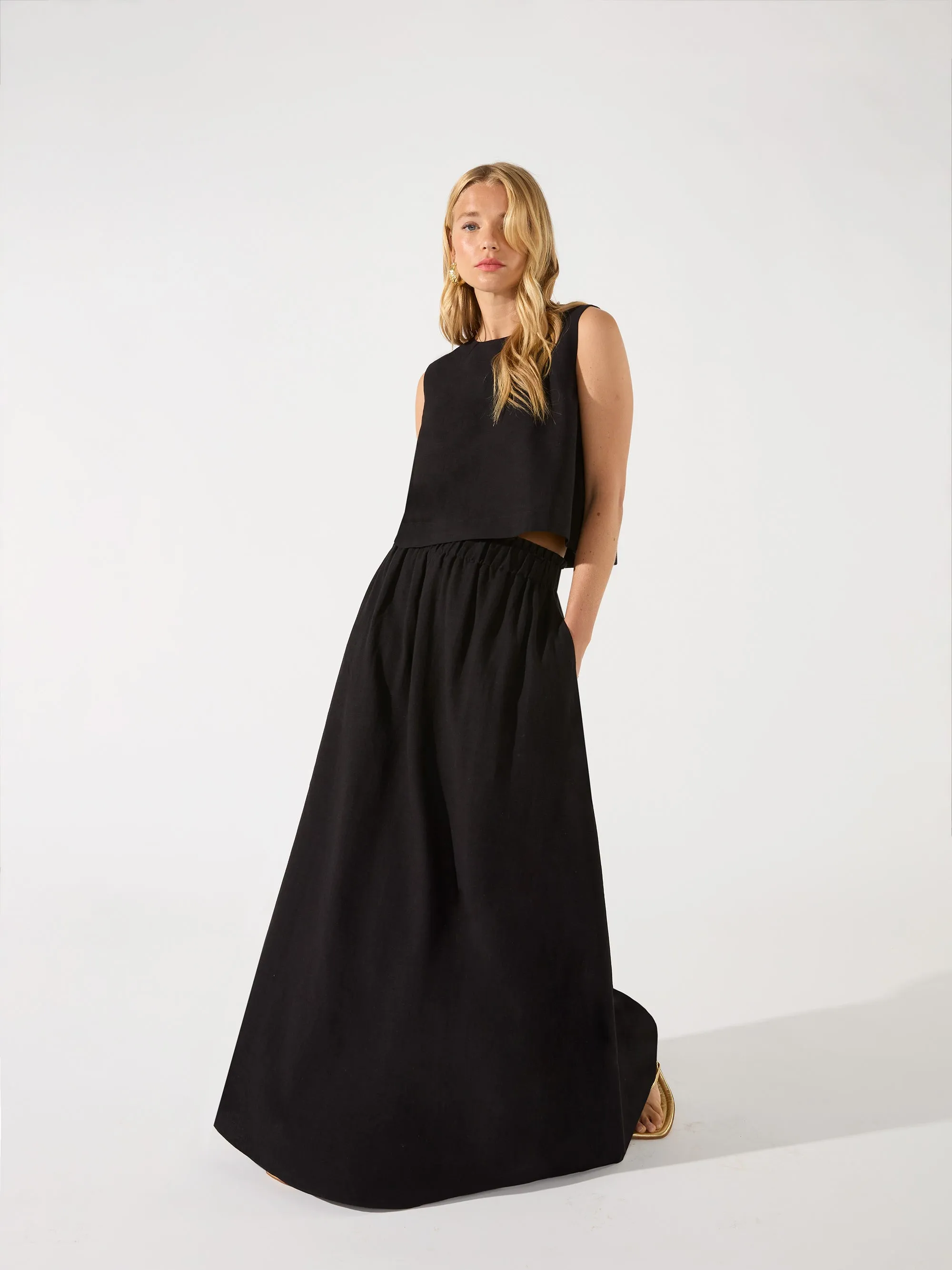 Black Linen Blend Maxi Skirt