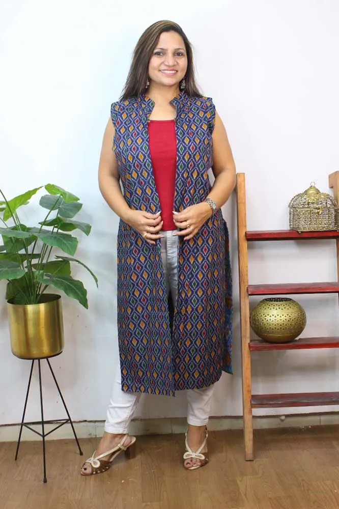 Blue Double Ikat Pure Cotton Reversible Long Jacket