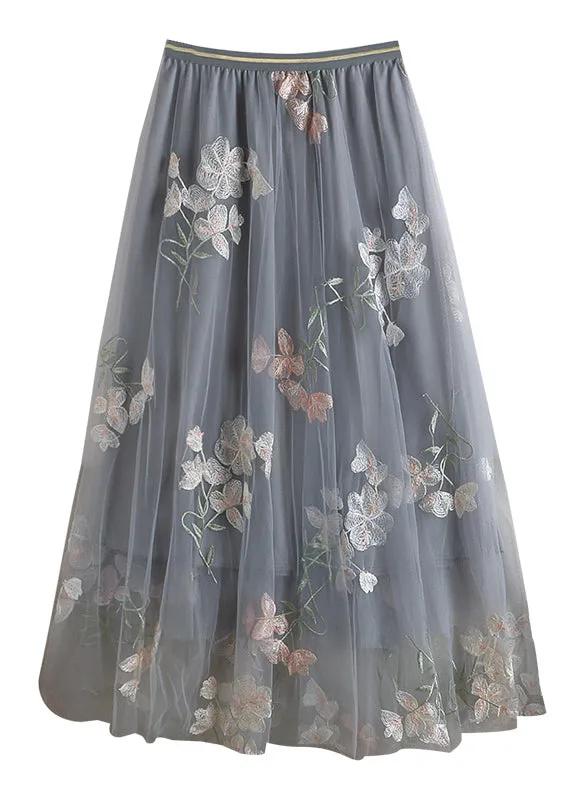 Chic Grey Embroidered Elastic Waist Tulle Skirts Spring QQ1055