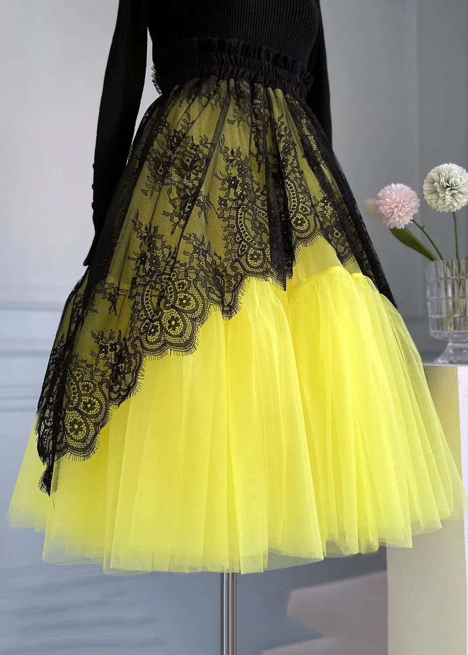 Chic Yellow Lace Elastic Waist Patchwork Tulle Skirts Summer AB1024