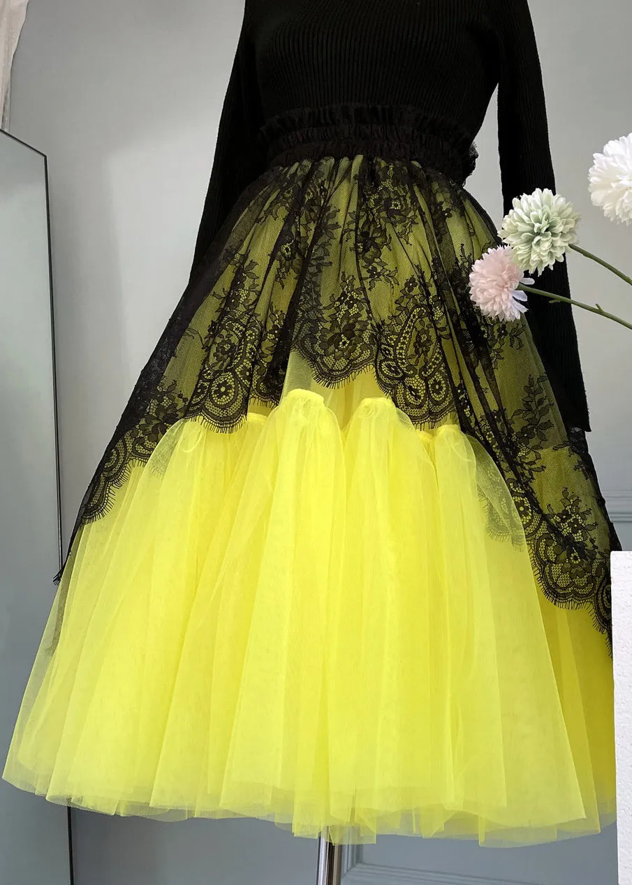 Chic Yellow Lace Elastic Waist Patchwork Tulle Skirts Summer AB1024