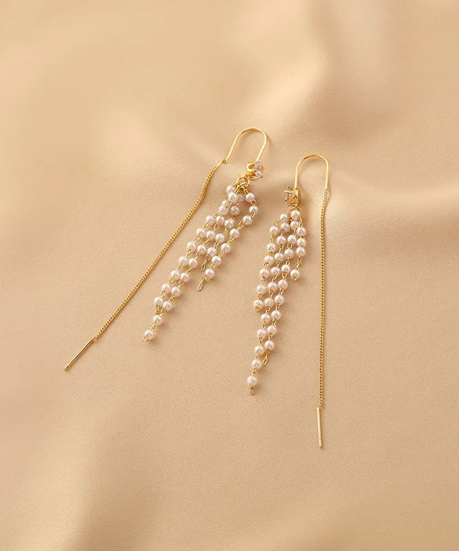 Fashion Gold Sterling Silver Alloy Pearl Tassel Drop Earrings QZ011