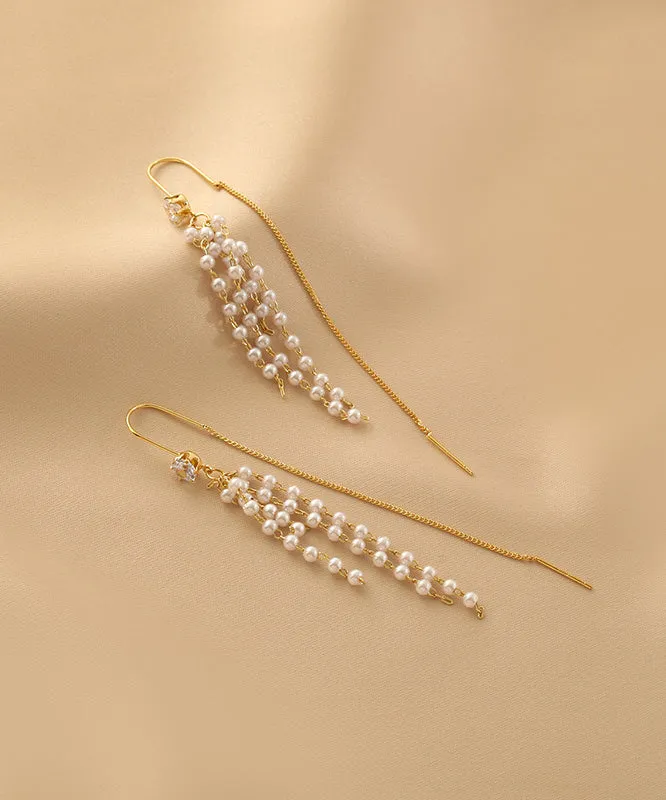 Fashion Gold Sterling Silver Alloy Pearl Tassel Drop Earrings QZ011