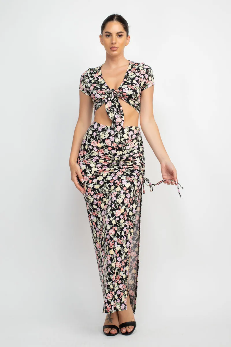 Floral Top & Ruched Maxi Skirts Set (5 Colors)