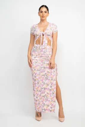 Floral Top & Ruched Maxi Skirts Set (5 Colors)