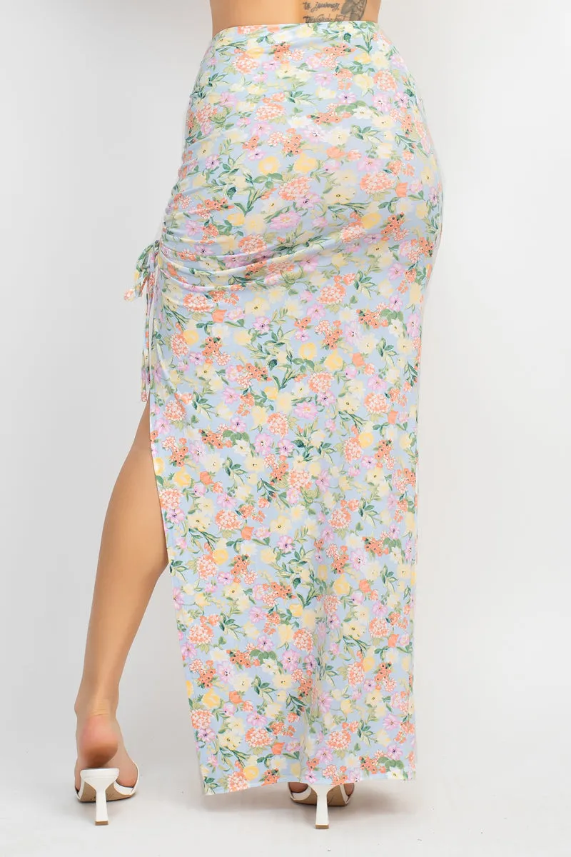 Floral Top & Ruched Maxi Skirts Set (5 Colors)