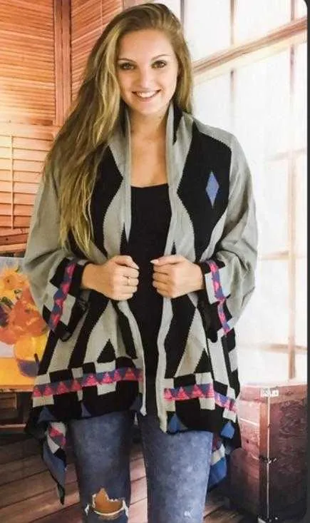 Grey & Black Cascading Aztec Sweater Cardigan