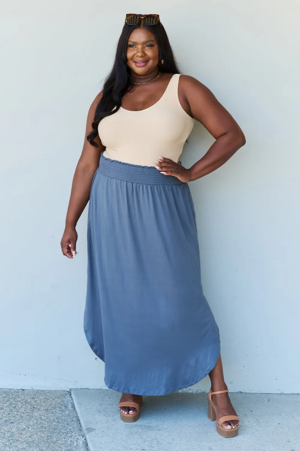 High Waist Scoop Hem Maxi Skirt in Dusty Blue