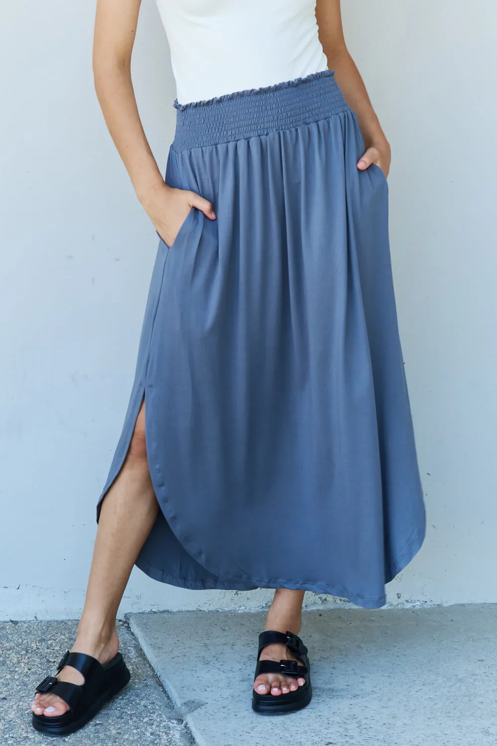 High Waist Scoop Hem Maxi Skirt in Dusty Blue