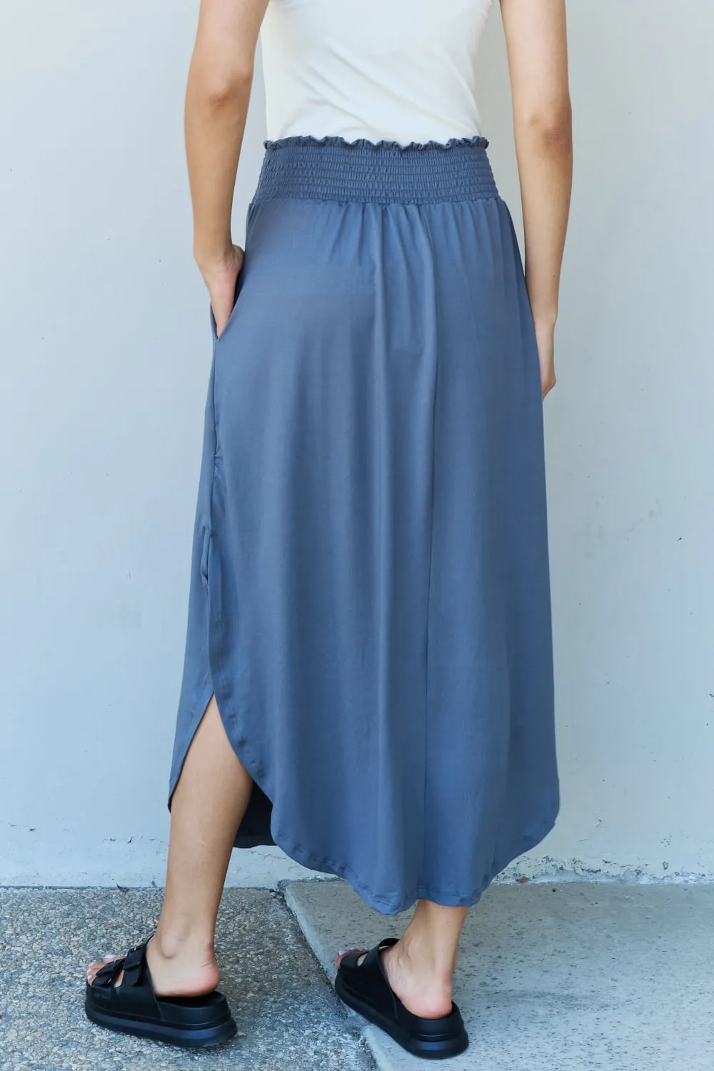 High Waist Scoop Hem Maxi Skirt in Dusty Blue