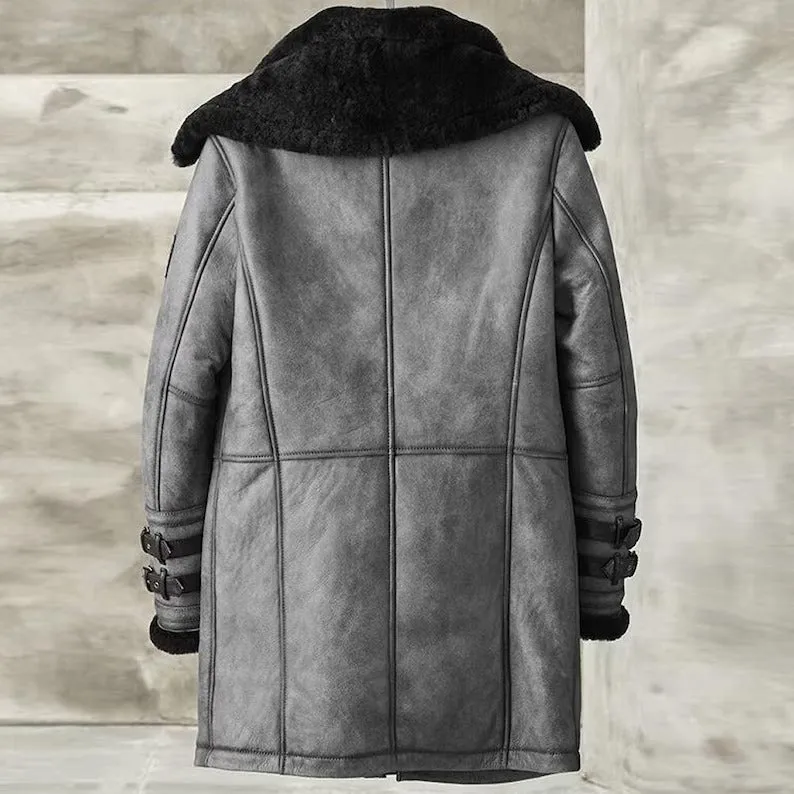 Men's Shearling B3 Bomber Long Coat in Grey