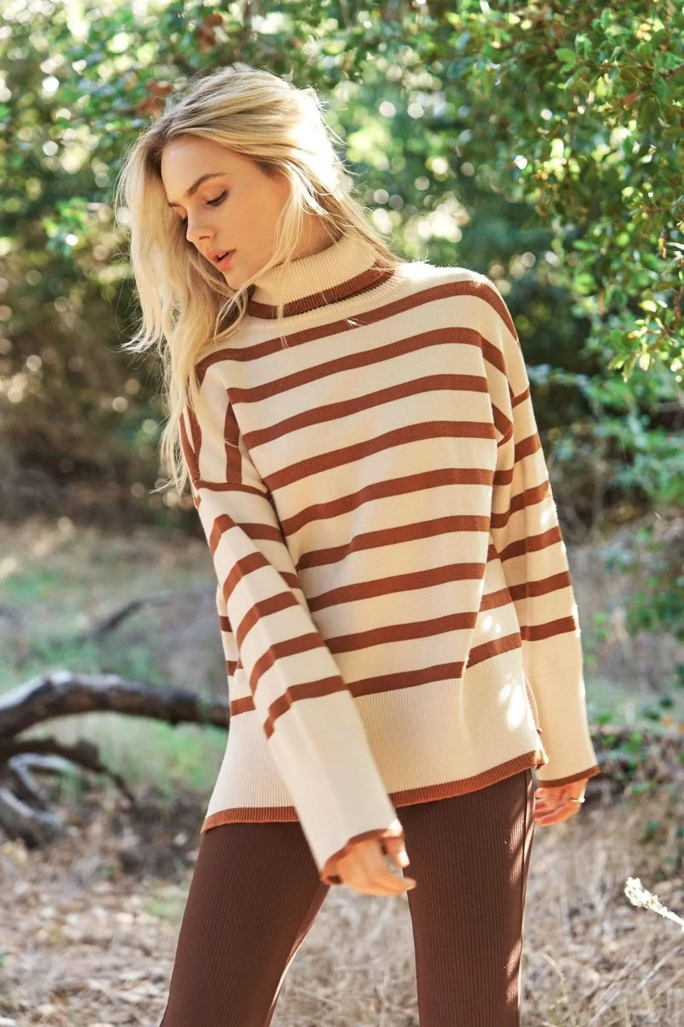 Mocha Turtle Neck Oversize Stripe Knit Sweater Top