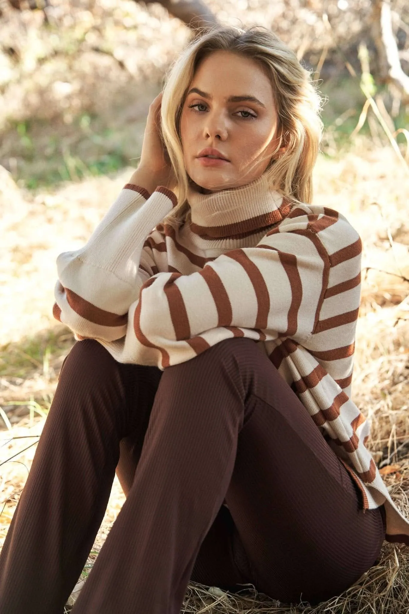 Mocha Turtle Neck Oversize Stripe Knit Sweater Top