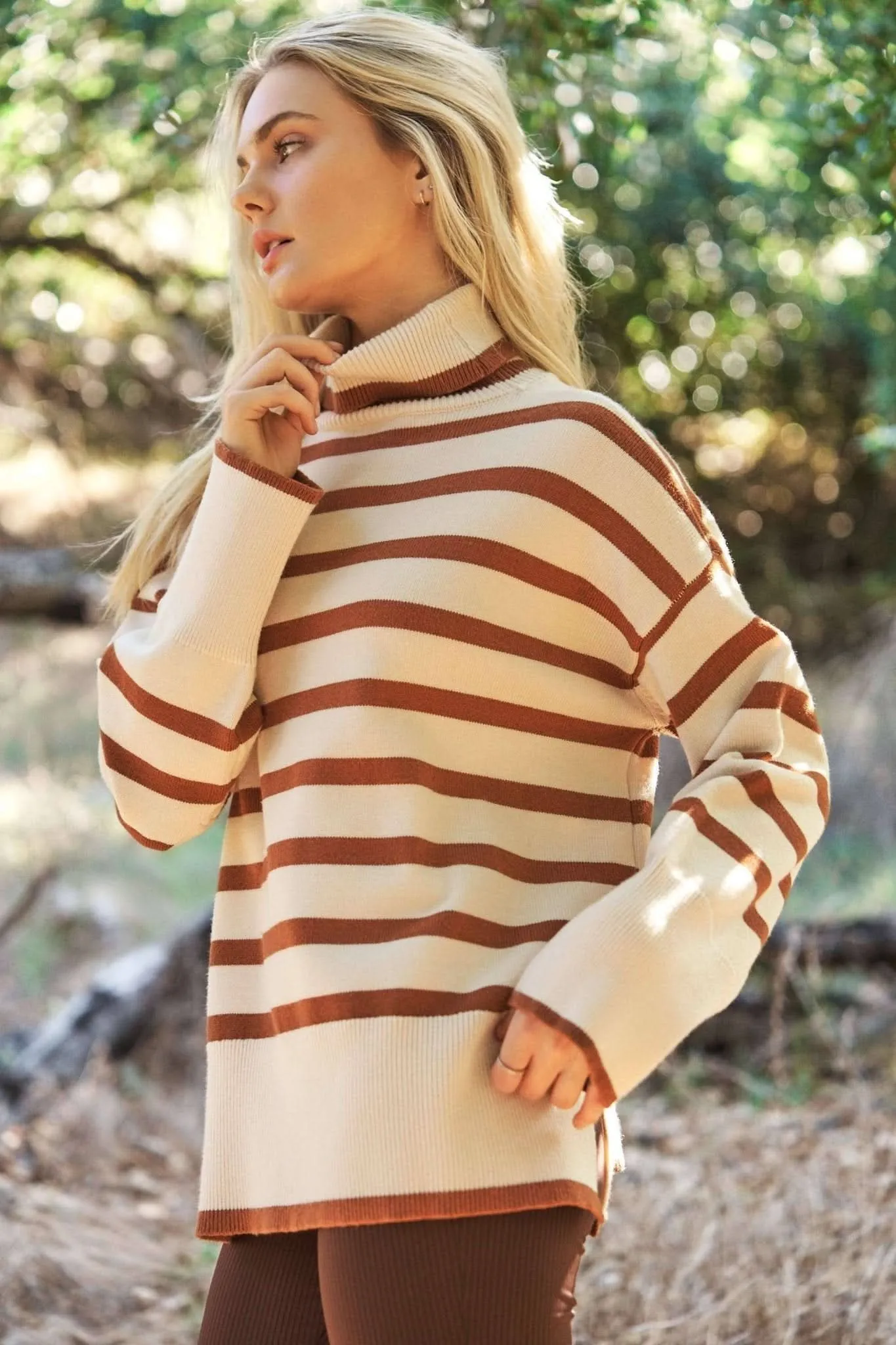 Mocha Turtle Neck Oversize Stripe Knit Sweater Top