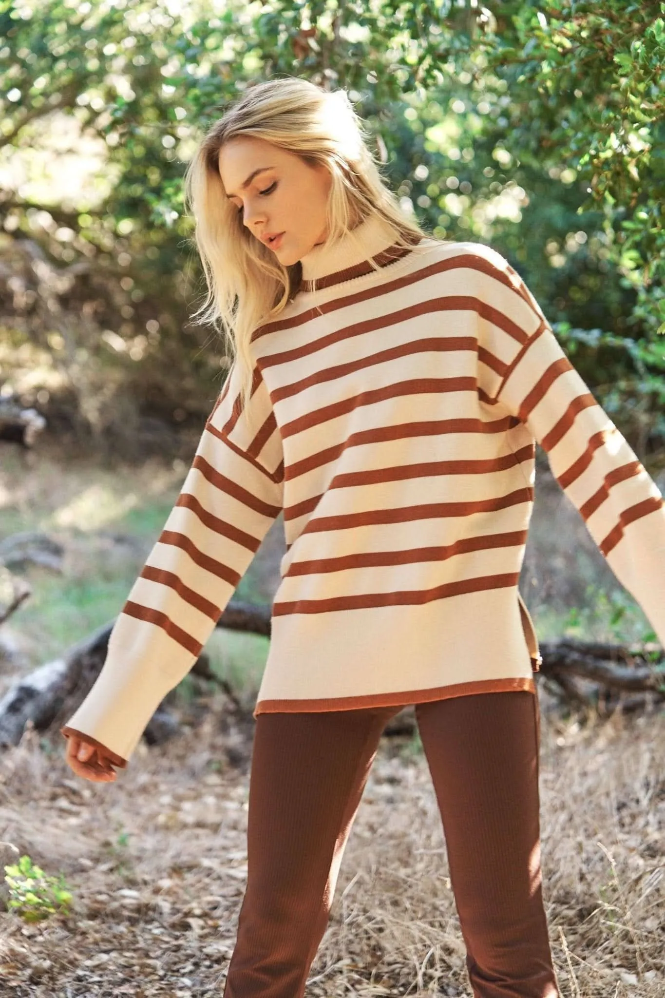 Mocha Turtle Neck Oversize Stripe Knit Sweater Top