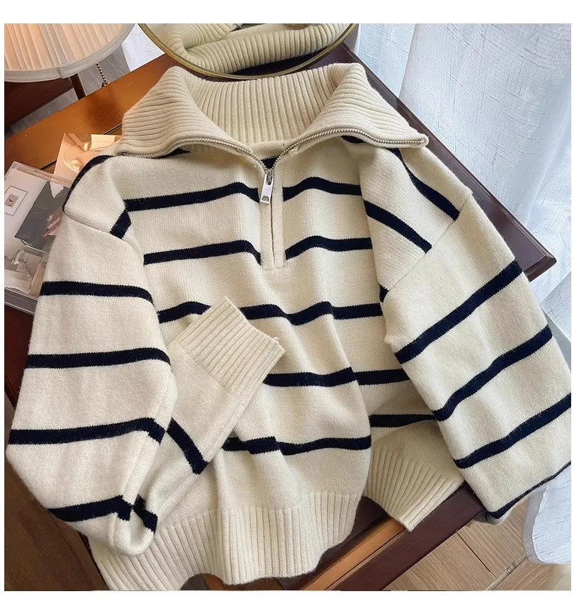 New striped sweater for women chic half zipper knitted top     S4885