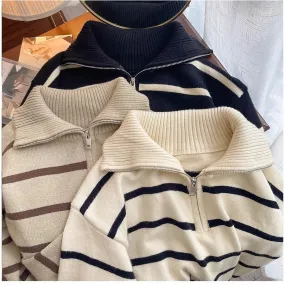 New striped sweater for women chic half zipper knitted top     S4885