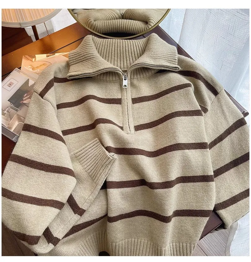 New striped sweater for women chic half zipper knitted top     S4885