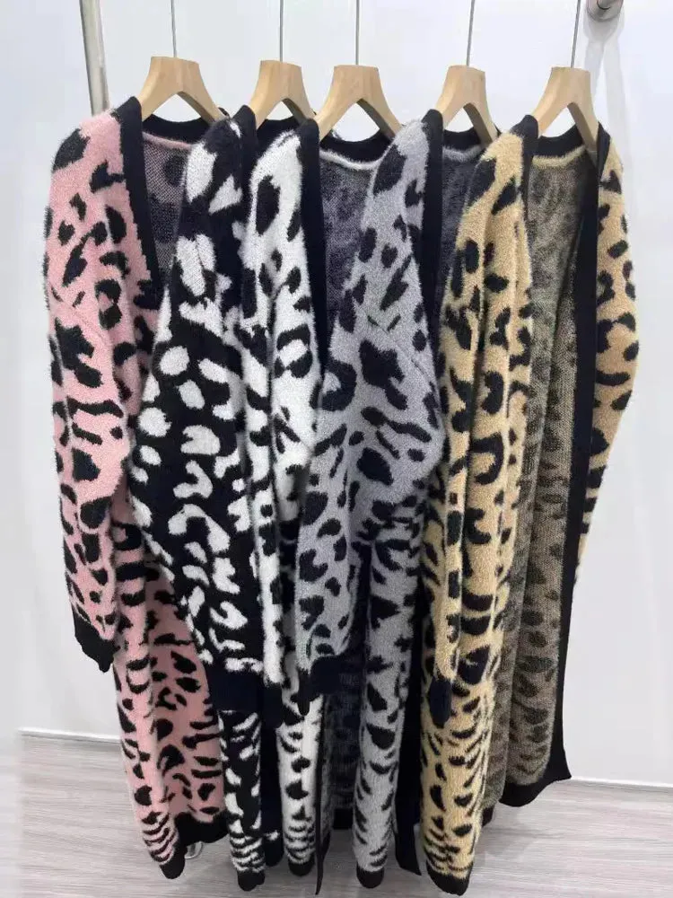 Pre Order: Animal Print Thick Long Loose Knit Cardigan