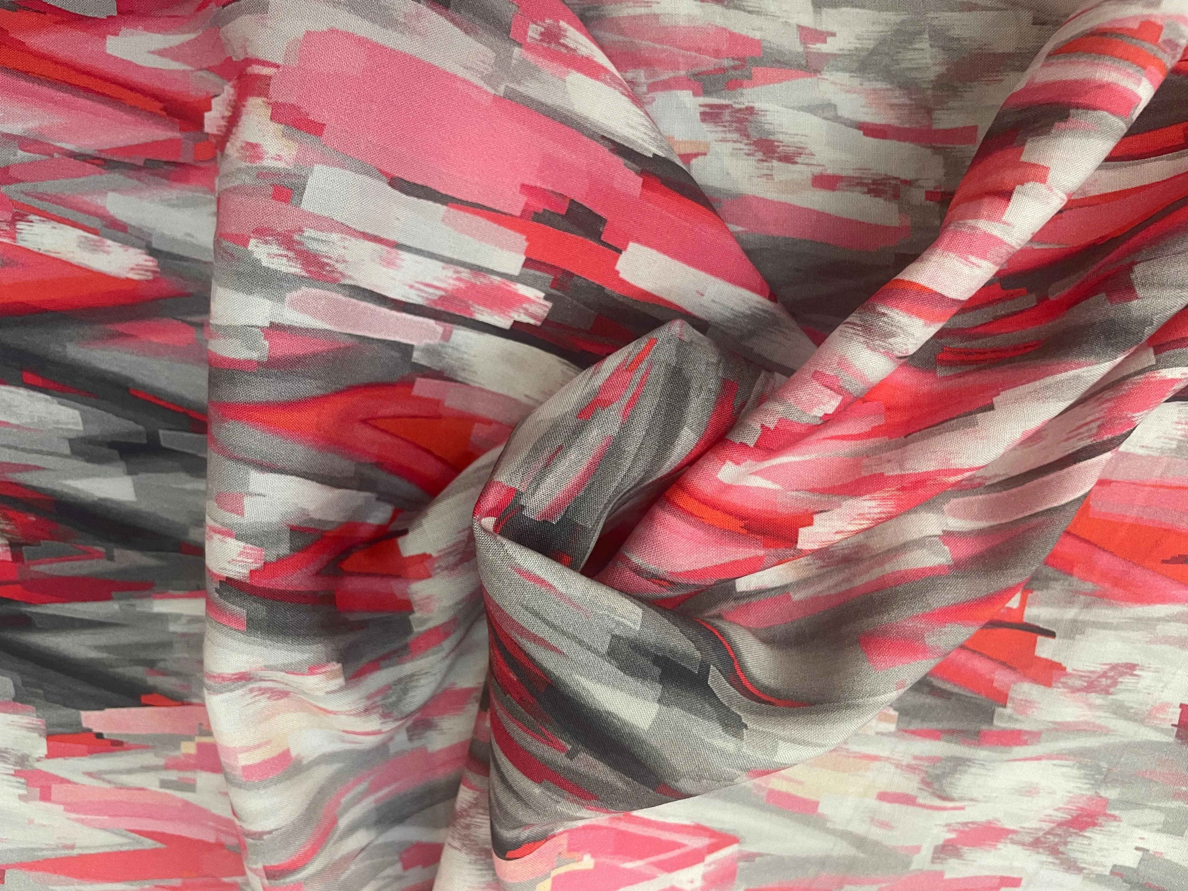 Rayon Geometric Digital Print - Pink, Grey & White