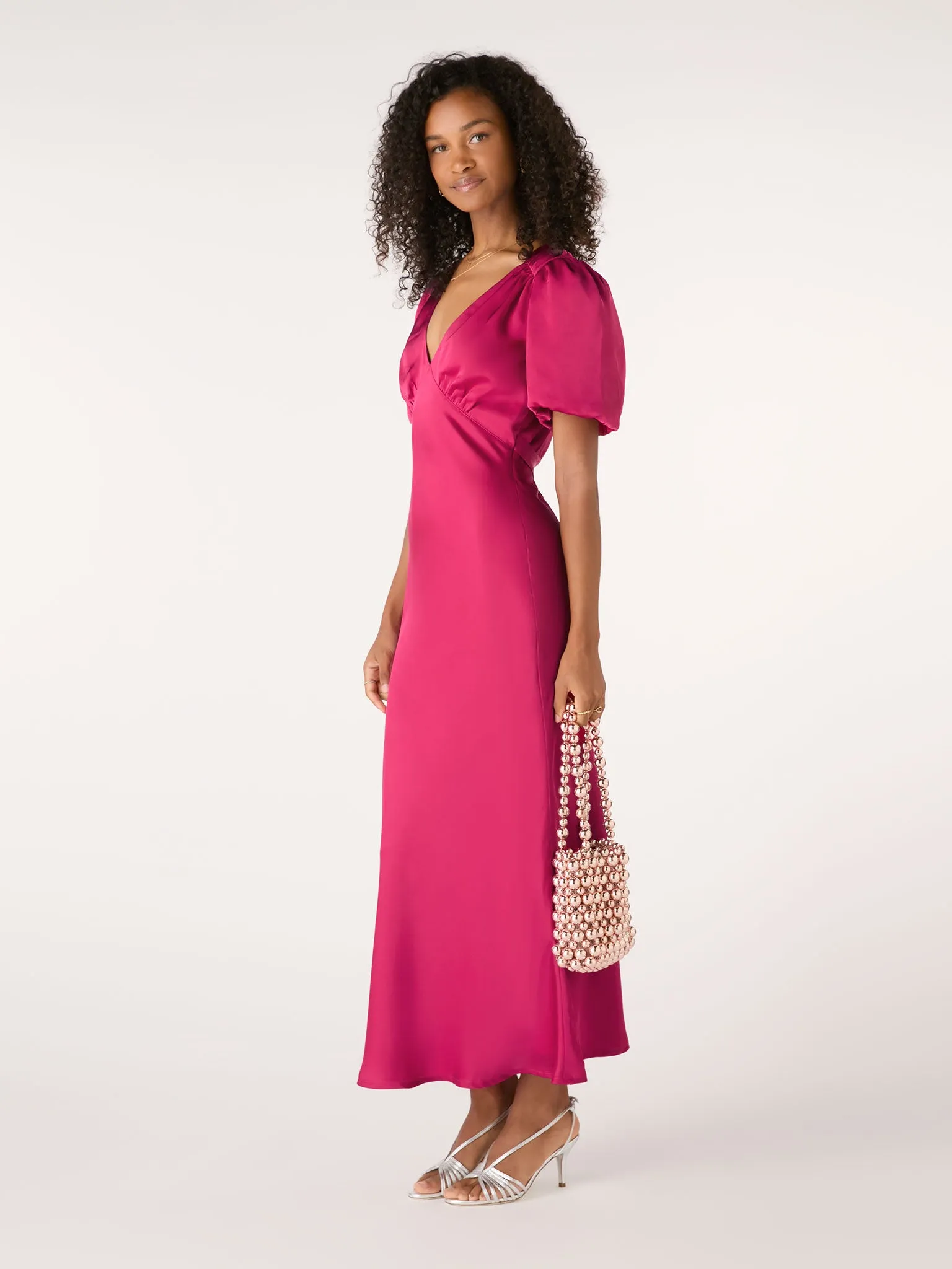 Rosie Ruched Puff Sleeve Dress in Magenta