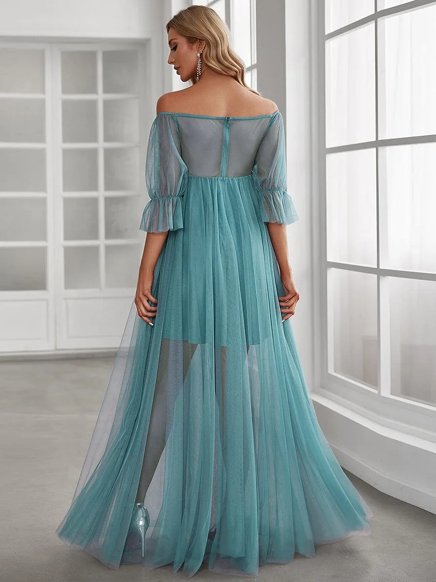 Sheer Off-Shoulder Double Skirt Maxi Maternity Dress