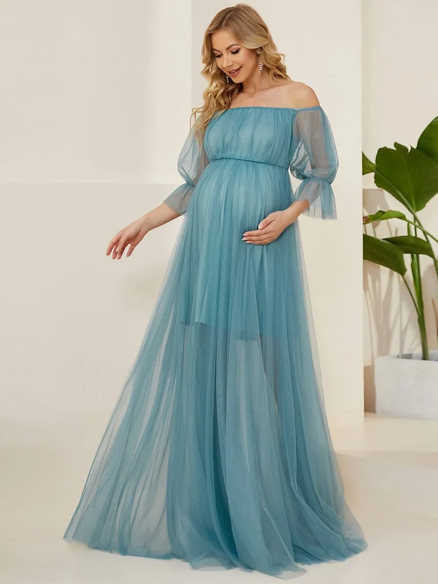 Sheer Off-Shoulder Double Skirt Maxi Maternity Dress