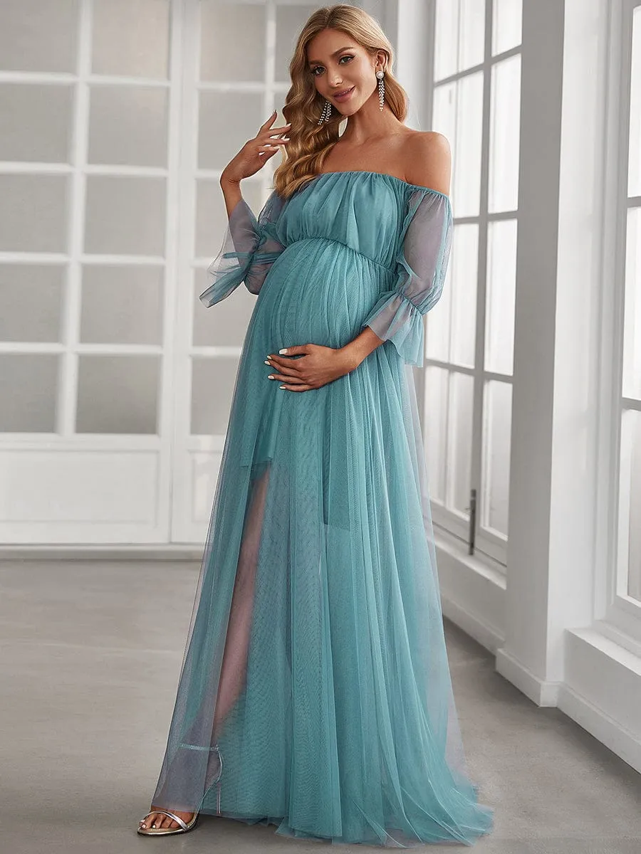 Sheer Off-Shoulder Double Skirt Maxi Maternity Dress