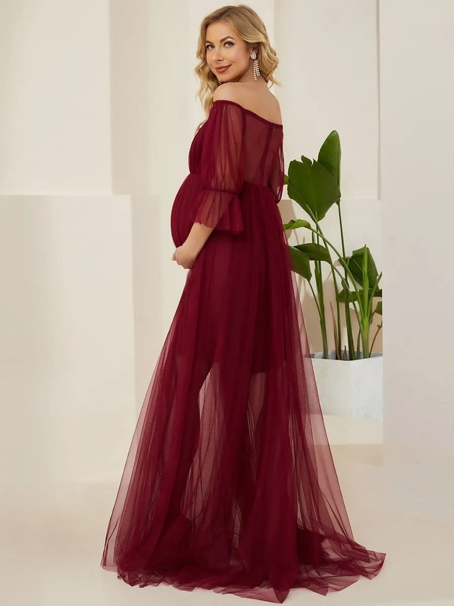 Sheer Off-Shoulder Double Skirt Maxi Maternity Dress