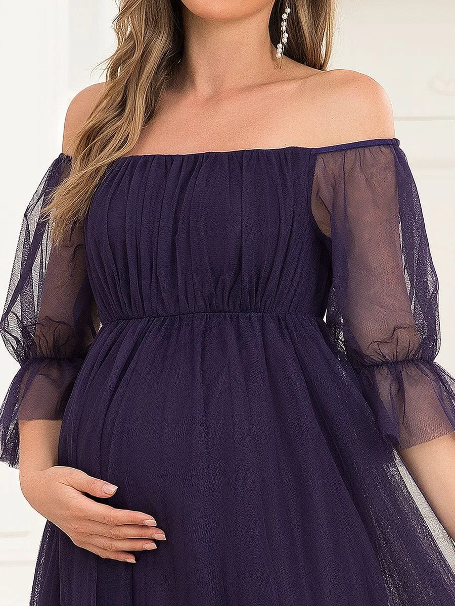 Sheer Off-Shoulder Double Skirt Maxi Maternity Dress