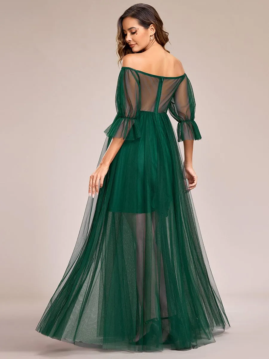 Sheer Off-Shoulder Double Skirt Maxi Maternity Dress