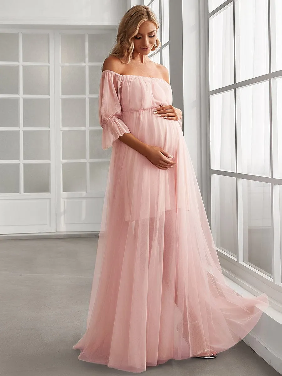 Sheer Off-Shoulder Double Skirt Maxi Maternity Dress