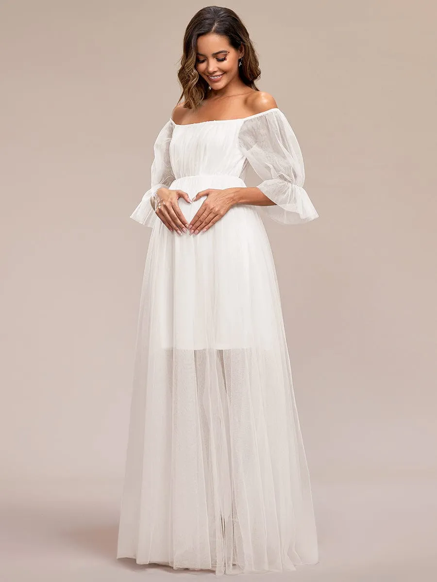 Sheer Off-Shoulder Double Skirt Maxi Maternity Dress