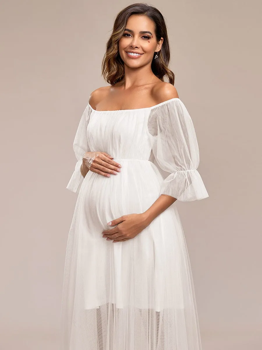 Sheer Off-Shoulder Double Skirt Maxi Maternity Dress