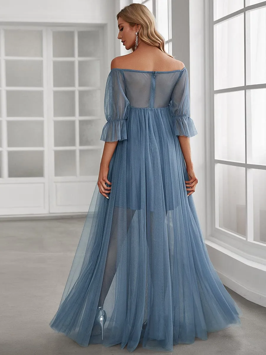 Sheer Off-Shoulder Double Skirt Maxi Maternity Dress