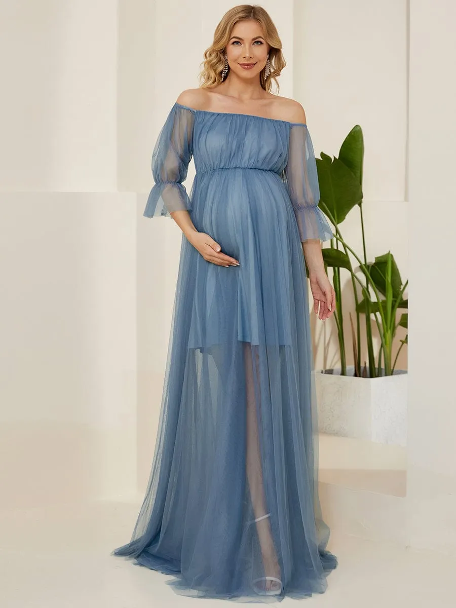 Sheer Off-Shoulder Double Skirt Maxi Maternity Dress