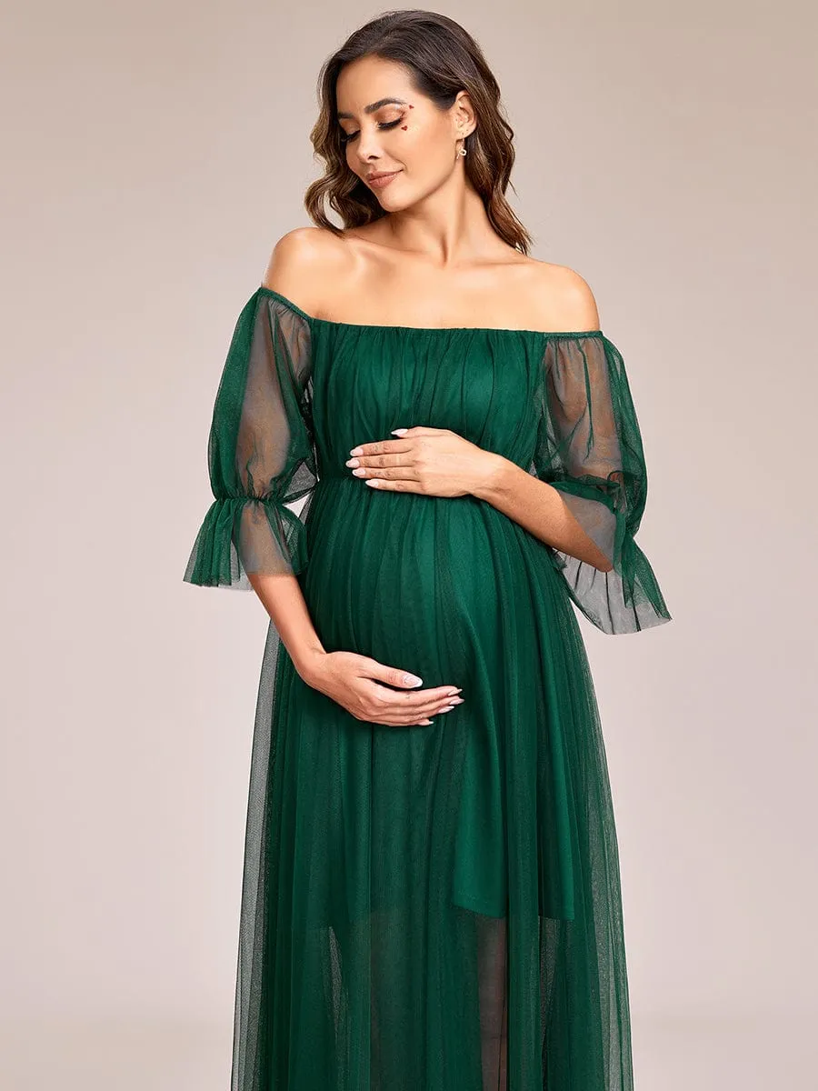 Sheer Off-Shoulder Double Skirt Maxi Maternity Dress