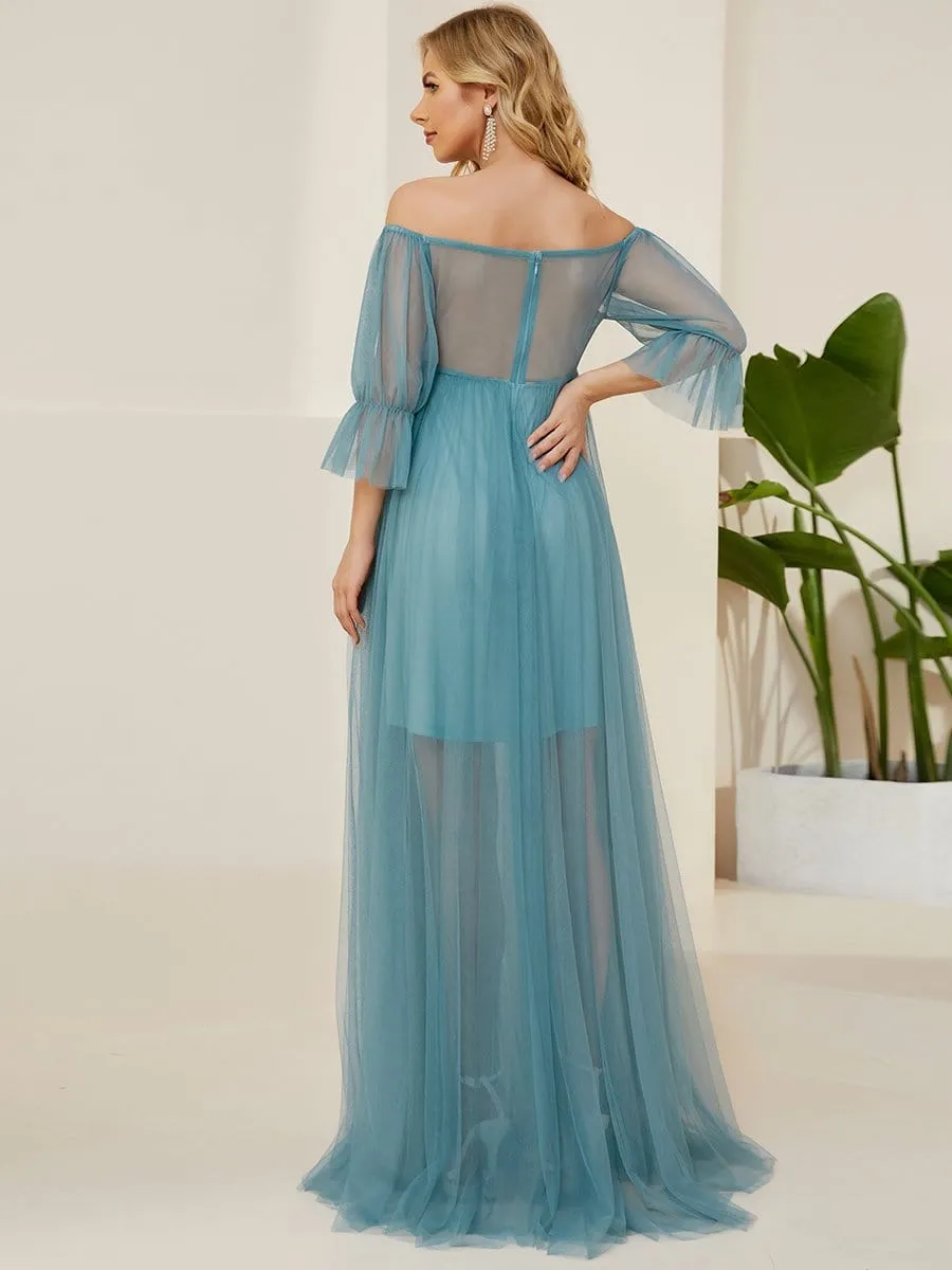 Sheer Off-Shoulder Double Skirt Maxi Maternity Dress