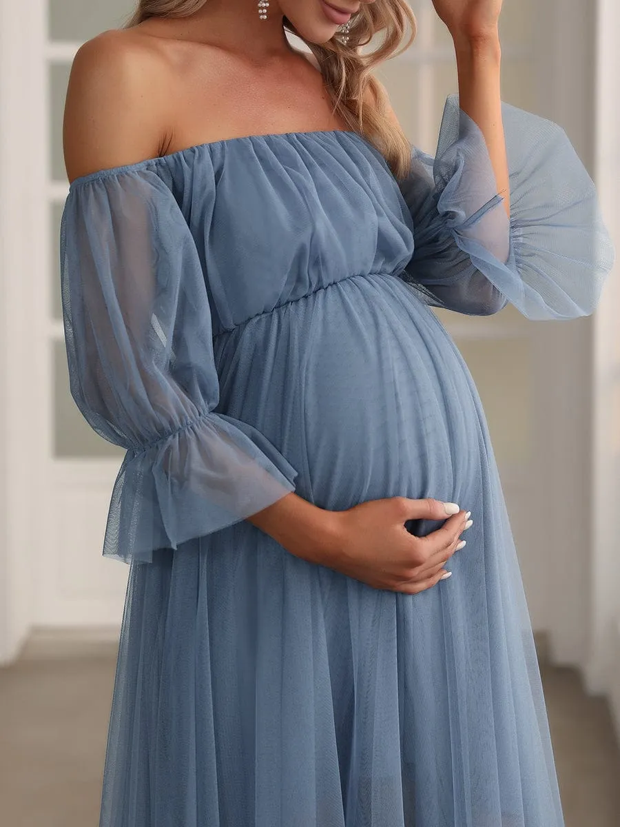 Sheer Off-Shoulder Double Skirt Maxi Maternity Dress