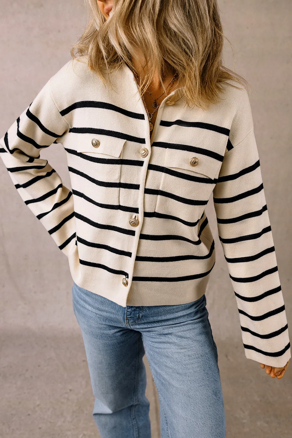 Women's Black Stripe Flap Pocket Button Up Cardigan