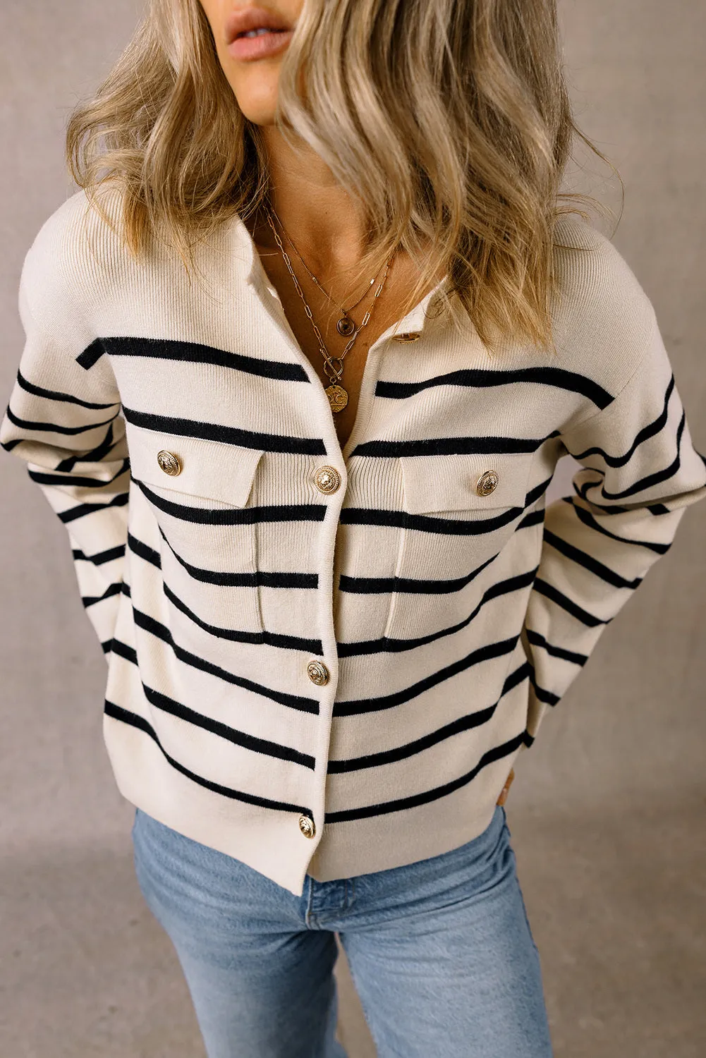 Women's Black Stripe Flap Pocket Button Up Cardigan