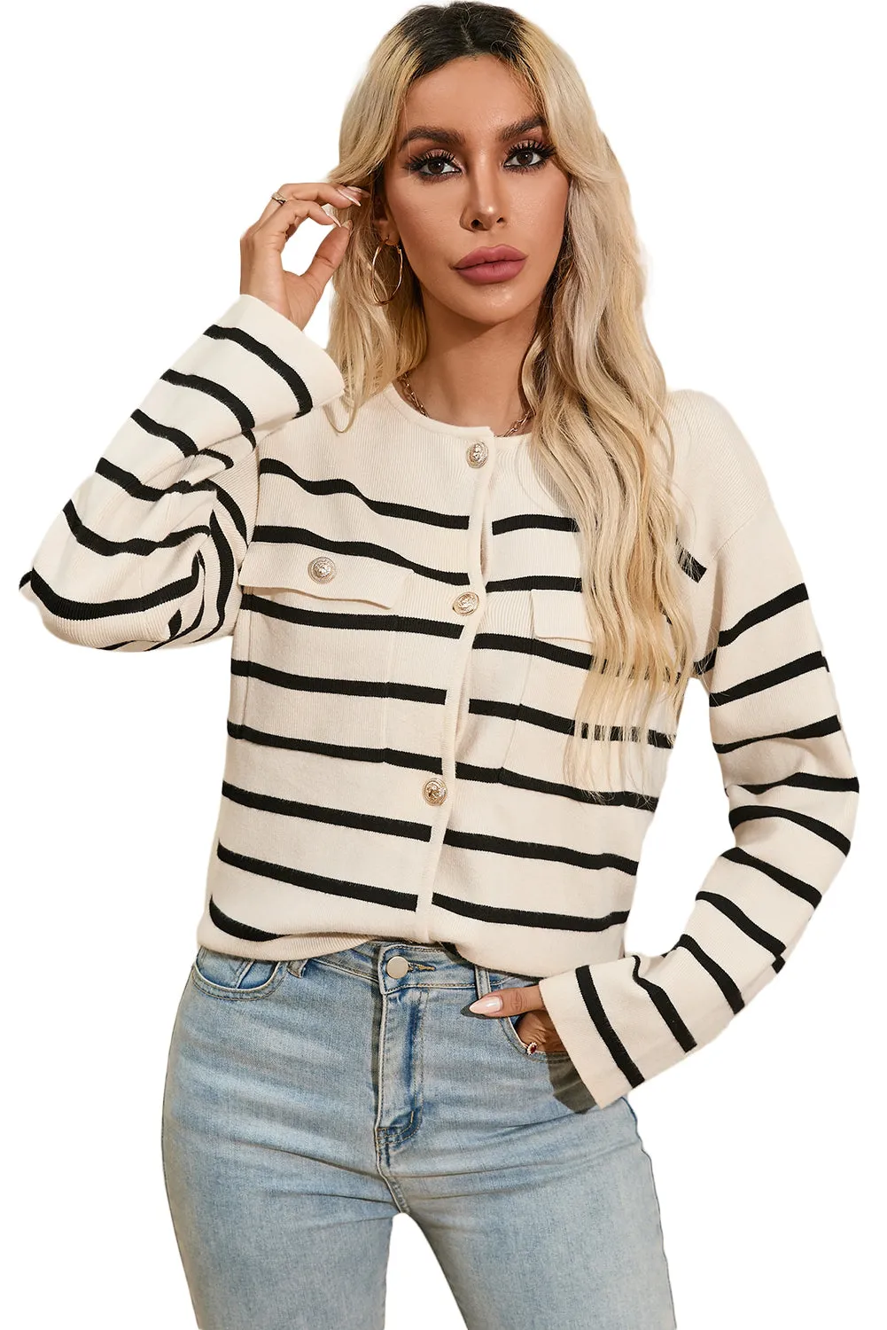 Women's Black Stripe Flap Pocket Button Up Cardigan