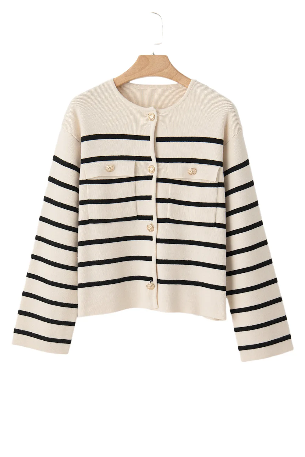 Women's Black Stripe Flap Pocket Button Up Cardigan