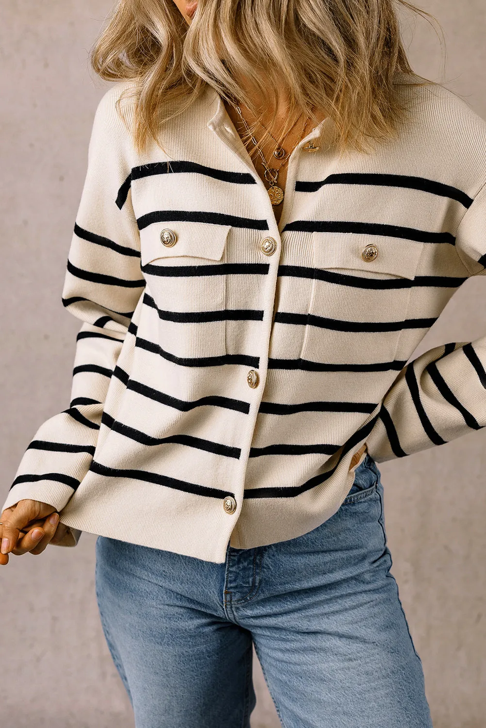 Women's Black Stripe Flap Pocket Button Up Cardigan