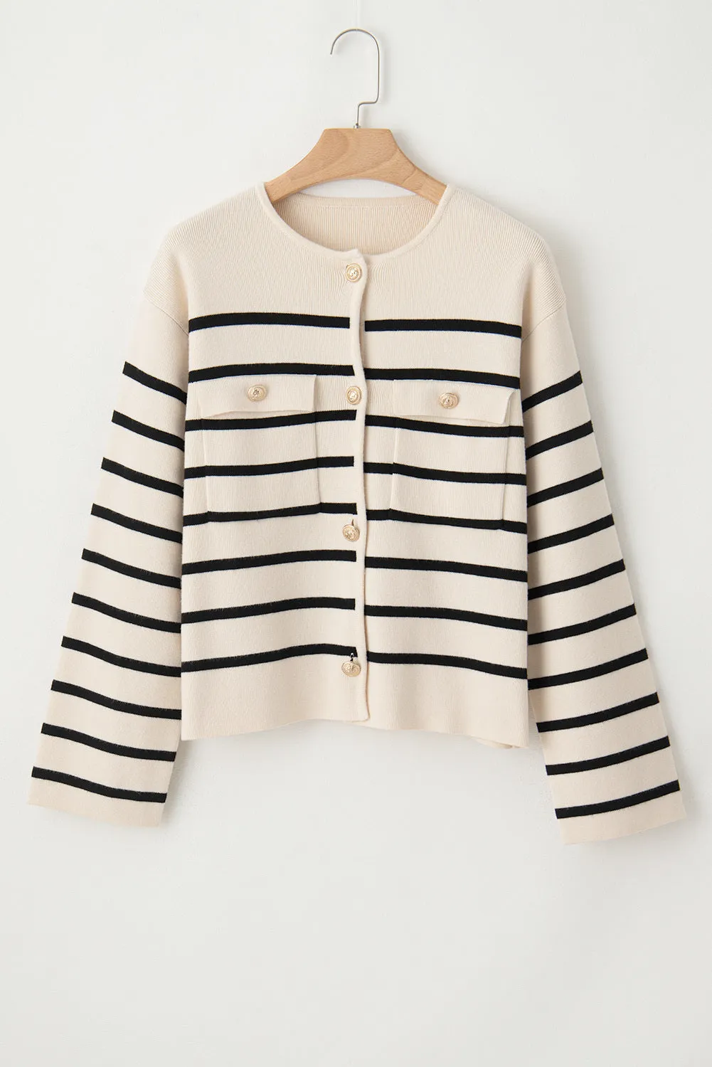 Women's Black Stripe Flap Pocket Button Up Cardigan